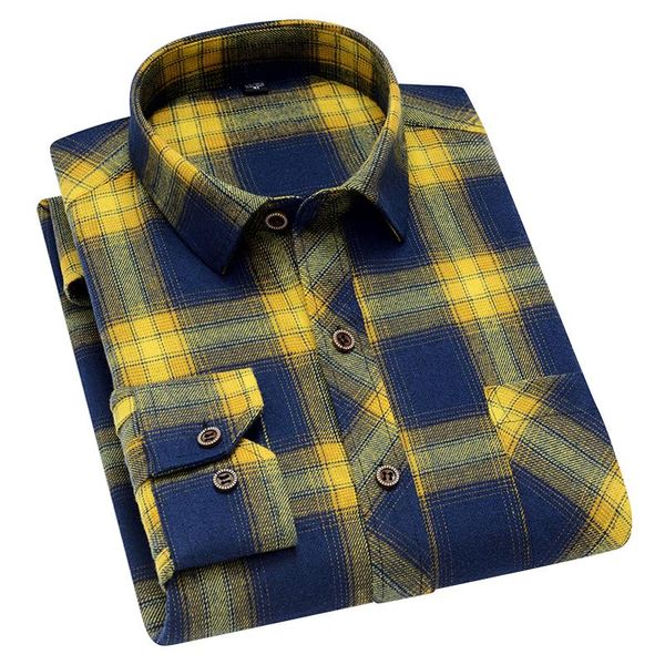 Camicie Casual da Uomo Aoliwen Uomo Primavera Autunno 45% Cotone Camicia a Maniche Lunghe Scozzese Giallo Navy Trend Camicia Sottile Comoda e Traspirante