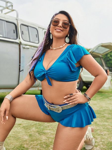 

plus ruffle trim knot front bikini swimsuit without belt p3ud#, White;black