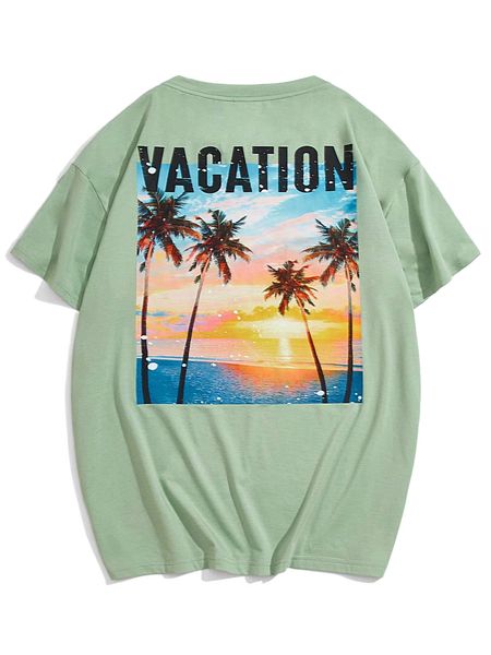 

men coconut tree & letter graphic drop shoulder tee c6re#, White;black