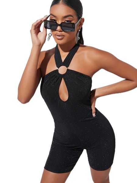 

bae tie backless o-ring cut out halter glitter romper f17u#, Black;white