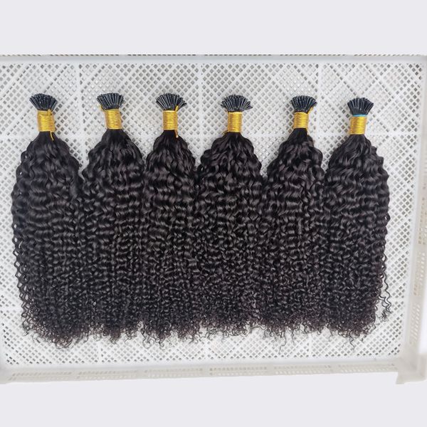 Estensione dei capelli della cheratina brasiliana con punta I ricci crespi cuticola completa Remy Indan peruviano malese estensioni dei capelli umani pre-legate 100g 100 fili colore nero naturale