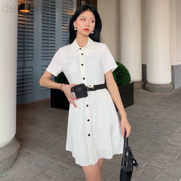 

casual dresses designer p family triangle spring and summer parachute nylon detachable waist bag short sleeve pleated dress women's fas, Black;gray