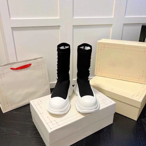 

luxury designer boot for women graffiti knit tread slick boot lady platform shoes long booties winter fashion boots 35-40, Black