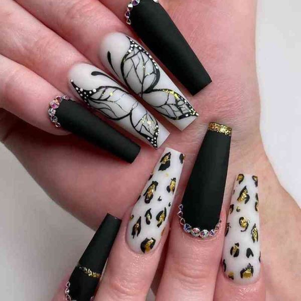 

false nails 24pcs butterfly fake long tips black press on coffin full cover ballerina wearable design nail with diamond 0616