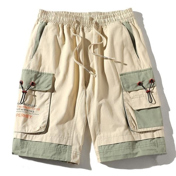 

summer cargo shorts with pockets cotton streetwear casual mens shorts ribbons bermuda short pants men 220622, White;black