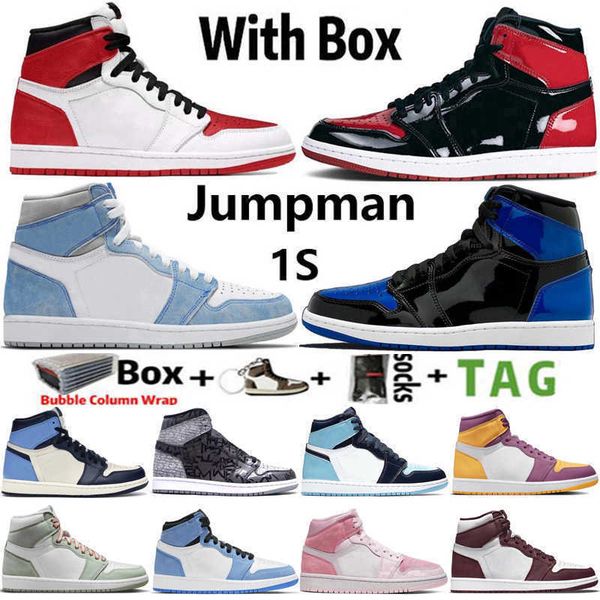 

2022 with box 1 royal patent 1s mens basketball shoes university blue heritage georgetown rebellionaire carbon fiber lucky green men sports, Black