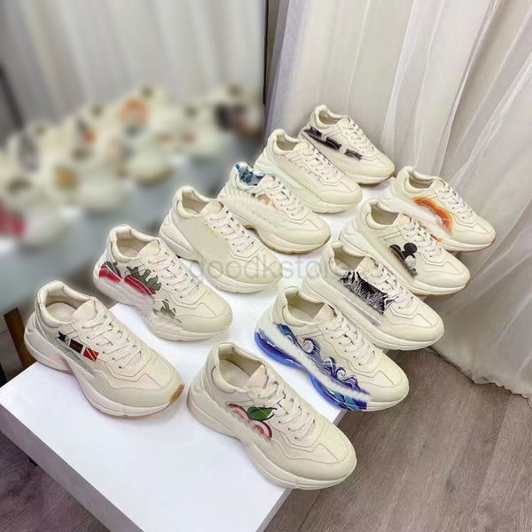 

designer rhyton casual shoes men women leather thick soled dad sneakers vintage chaussures lace-up increase platform strawberry mouse mouth, Black