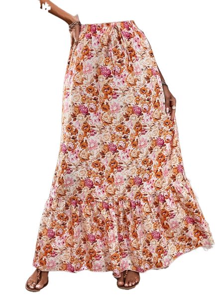 

allover floral print tie waist ruffle hem skirt n3he#, Black