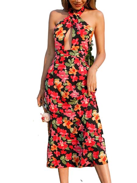 

allover floral print open back halter dress m6yb#, Black;gray