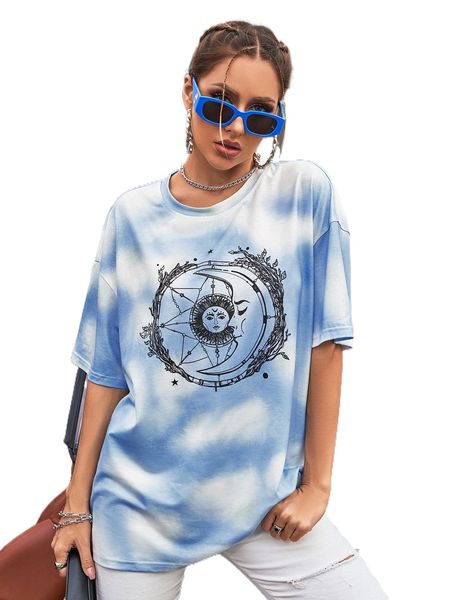 

sun & moon print tie dye drop shoulder tee g7rr#, White