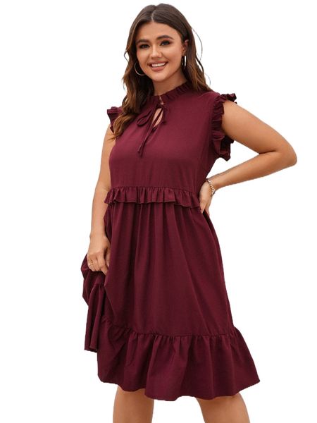 

plus ruffle trim tie neck dress e58p#, Black