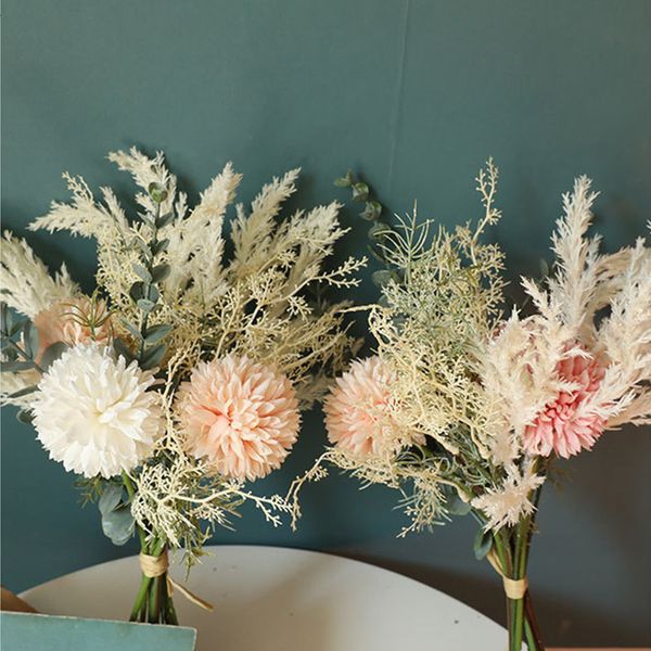 Yeni yüksek kaliteli yapay çiçekler ipek karahindiba okaliptüs hibrid buket düğün ev dekorasyon yanlış çiçek