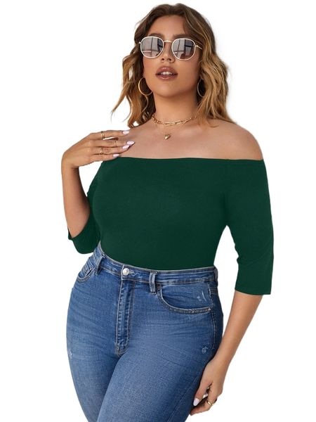 

plus off shoulder solid tee b5hp#, Black