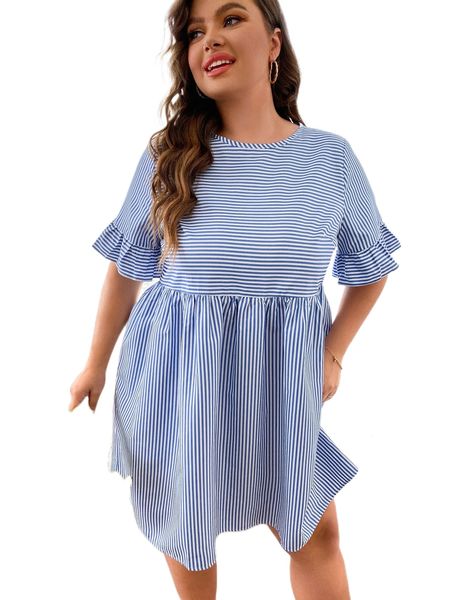 

plus striped flounce sleeve smock dress o45k#, Black