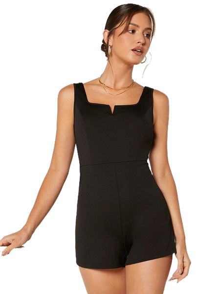 

solid notched neck tank romper 16q9#, Black;white