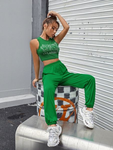 

letter and angel print tank & sweatpants 44lo#, White