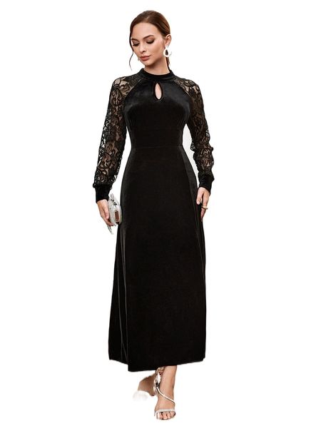 

keyhole neckline contrast lace raglan sleeve dress k5wb#, Black;gray