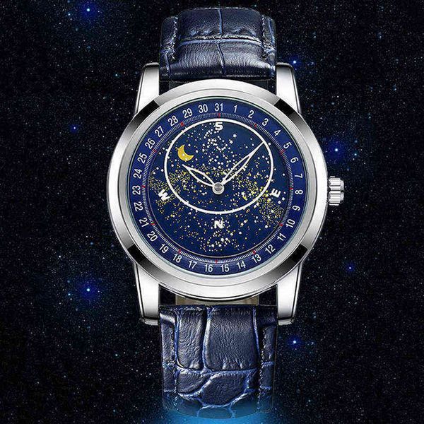 

kimsdun fashion full-automatic gypsophila dial watches for men corium strap automatic mechanical wristwatch moon phase 0214, Slivery;brown