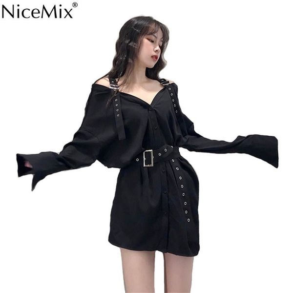 

nicemix new women's long style blouse shirts fashion black buckle off shoulder slash neck see through women shirt t200322, White