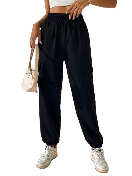 

flap pocket elastic waist cargo pants i1zn#, Black;white