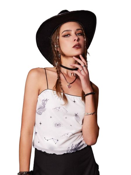 

romwe goth sun & moon graphic lettuce trim crop cami w34b#, White