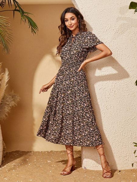 

tie neck butterfly sleeve ditsy floral dress z8ho#, Black;gray