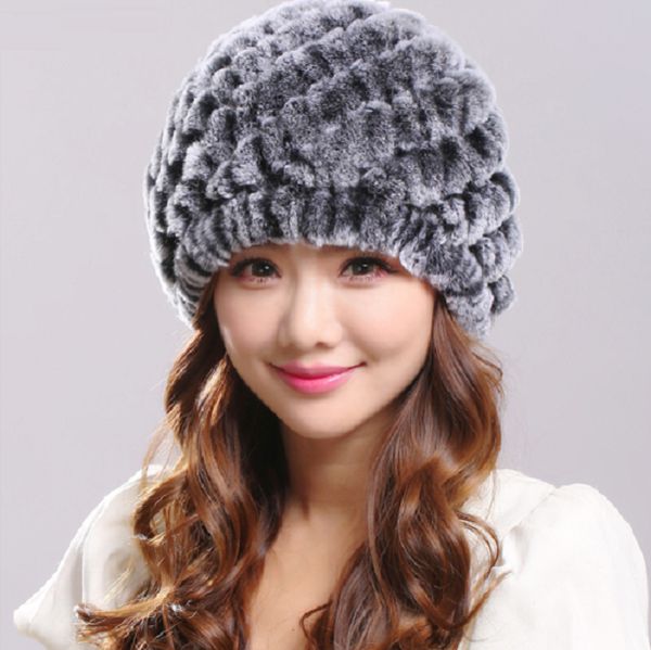 

fur hat women real rex rabbit earmuffs caps winter warm fluffy soft handmade, Blue;gray