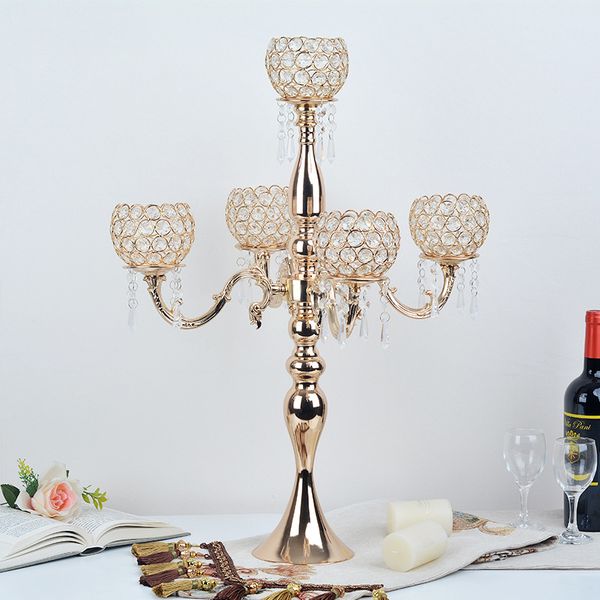 decorazione Candelabri a 5 bracci Tavolo alto in metallo all'ingrosso Eventi in oro Portacandele in cristallo Candelabri per matrimoni Centrotavola imake 140