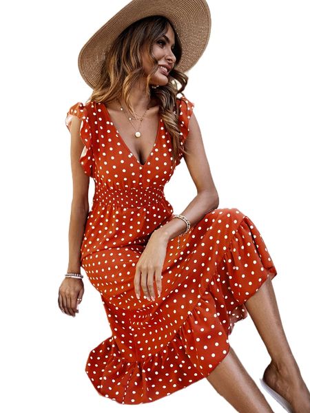 

polka dot butterfly sleeve shirred waist ruffle hem dress 22or#, Black;gray