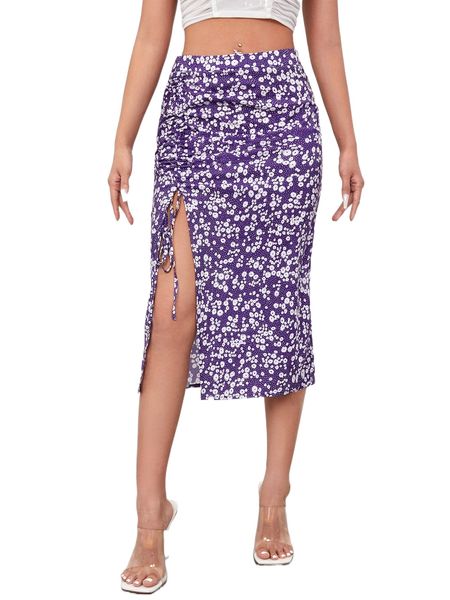 

split thigh ditsy floral skirt v1pt#, Black