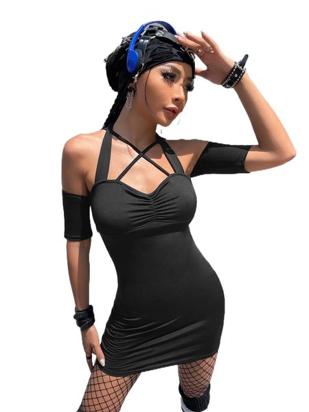 

crisscross tie back ruched bodycon dress v6ym#, Black;gray