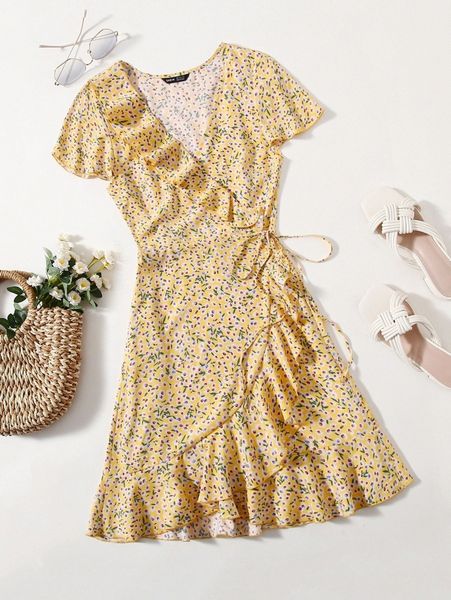 

ditsy floral ruffle detail wrap belted dress t2z2#, Black;gray