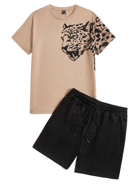

men leopard print tee & slant pockets shorts o1fp#, Gray