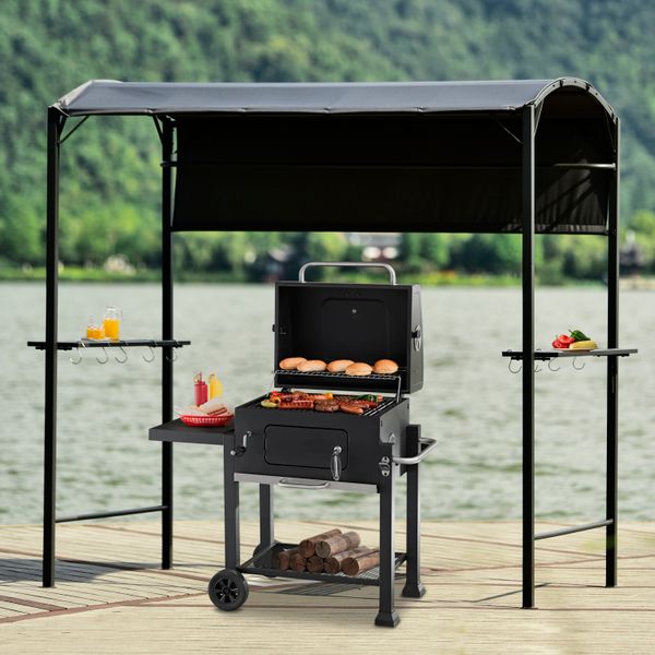 

ax outdoor 7ft.wx6.8ft.h steel double tiered backyard patio bbq grill gazebo with side awning, bar counters and hooks, gray