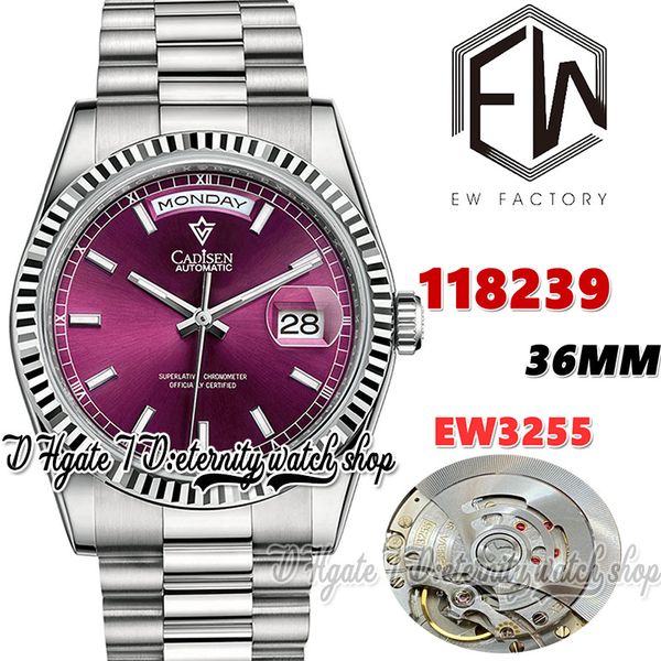 

ewf v3 ew118239 ew3255 automatic mens watch 36mm fluted bezel cherry dial stick markers 904l jubileesteel bracelet with same serial warranty, Slivery;brown