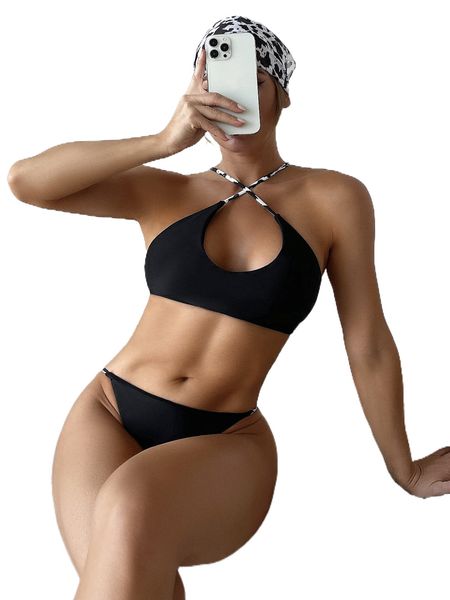 

tie dye lace up back bikini swimsuit & hairband z7kg#, White;black