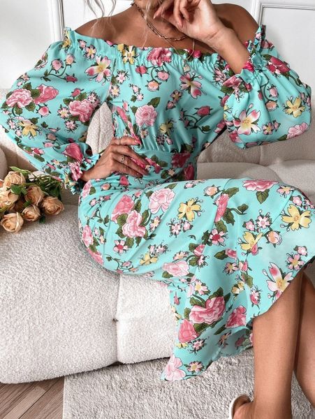 

floral print ruffle trim flounce sleeve dress f0hm#, Black;gray