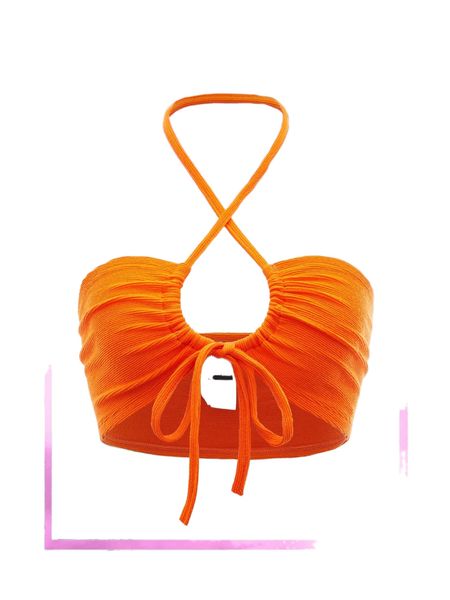 

neon orange backless crisscross tie front crop halter 49mz#, White