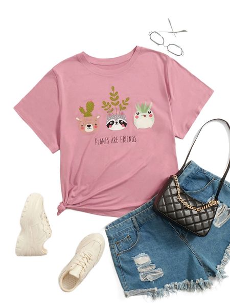 

plus cartoon & slogan graphic tee k2vt#, Black