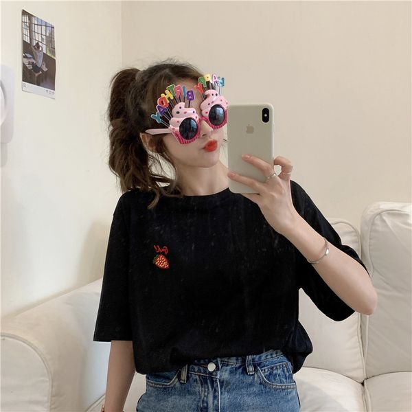 

simple embroidered pattern fashion short sleeve loose all match women female tshirts 210426, White