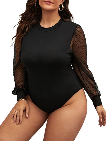

plus contrast polka dot mesh bishop sleeve bodysuit s6pk#, Black