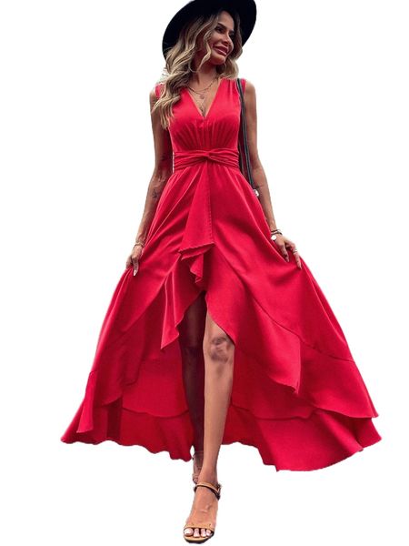 

twist waist high low hem dress a5c1#, Black;gray