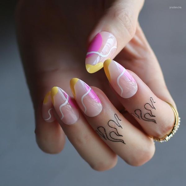 Künstliche Nägel Gelb Rosa mit Nude Swirl Stiletto Stick On Almond French Abstract Pastel Fake Prud22