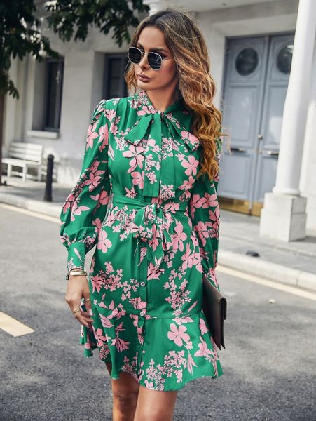 

floral print puff sleeve ruffle hem tie neck belted dress r8gh#, Black;gray