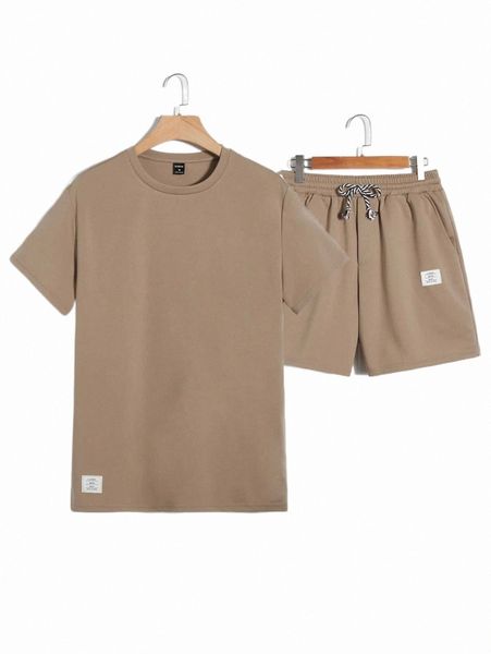 

men patched detail tee & drawstring waist shorts f28p#, Gray