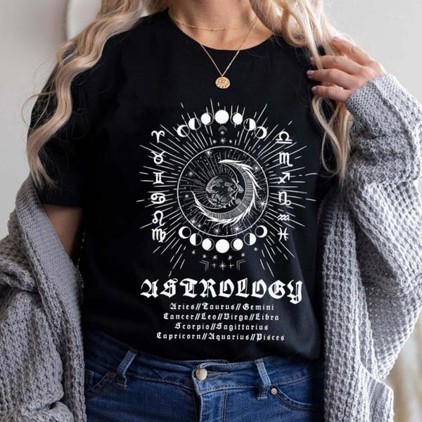 Camiseta feminina feminina astrologia mística signos do zodíaco gráfico camiseta feminina vintage boho celestial t camisa horóscopo camisetas bruxa superior