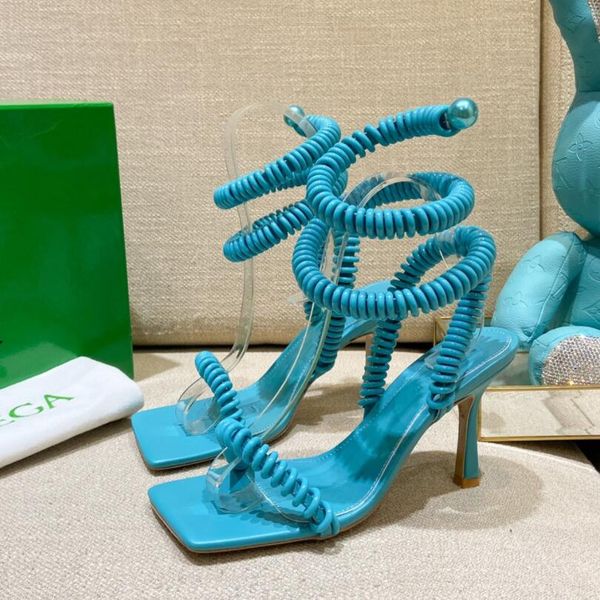 

italy designer trendy brand women's sandals slippers wardrobe 02 stretch wire heel sandals leather thick heeled shoes luxury atmosphere, Black