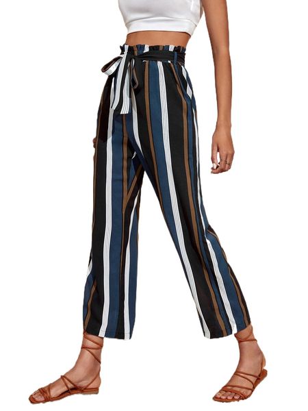 

block striped paperbag waist belted pants r5zd#, Black;white