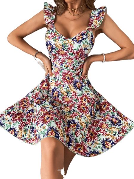 

allover floral print ruffle trim tie backless dress u4fe#, Black;gray