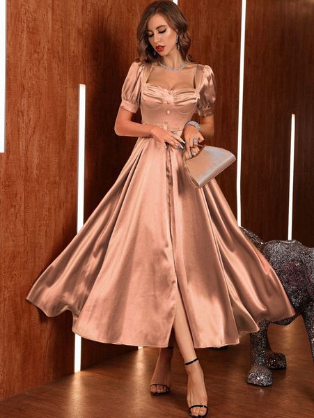 

puff sleeve ruched bust fake button split hem satin dress o3hw#, Black;gray